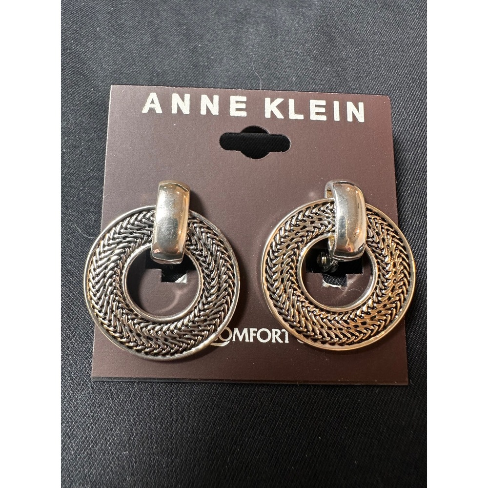 Anne Klein Silver Tone Textured Door Knocker E-Z Comfort Clip On Earrings